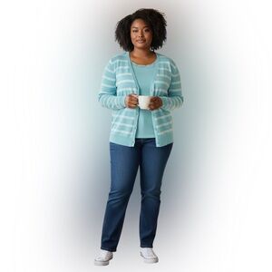 Como Woman Aqua Cardigan and top with Stripes Size 2X